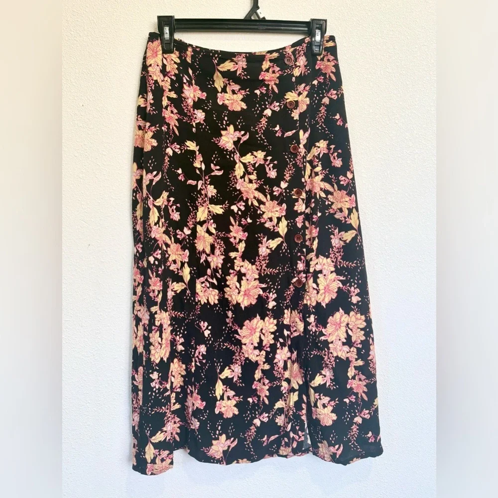 Free People Retro Love Floral Midi Skirt Button Front Slit Boho Size 6 - Picture 2 of 6
